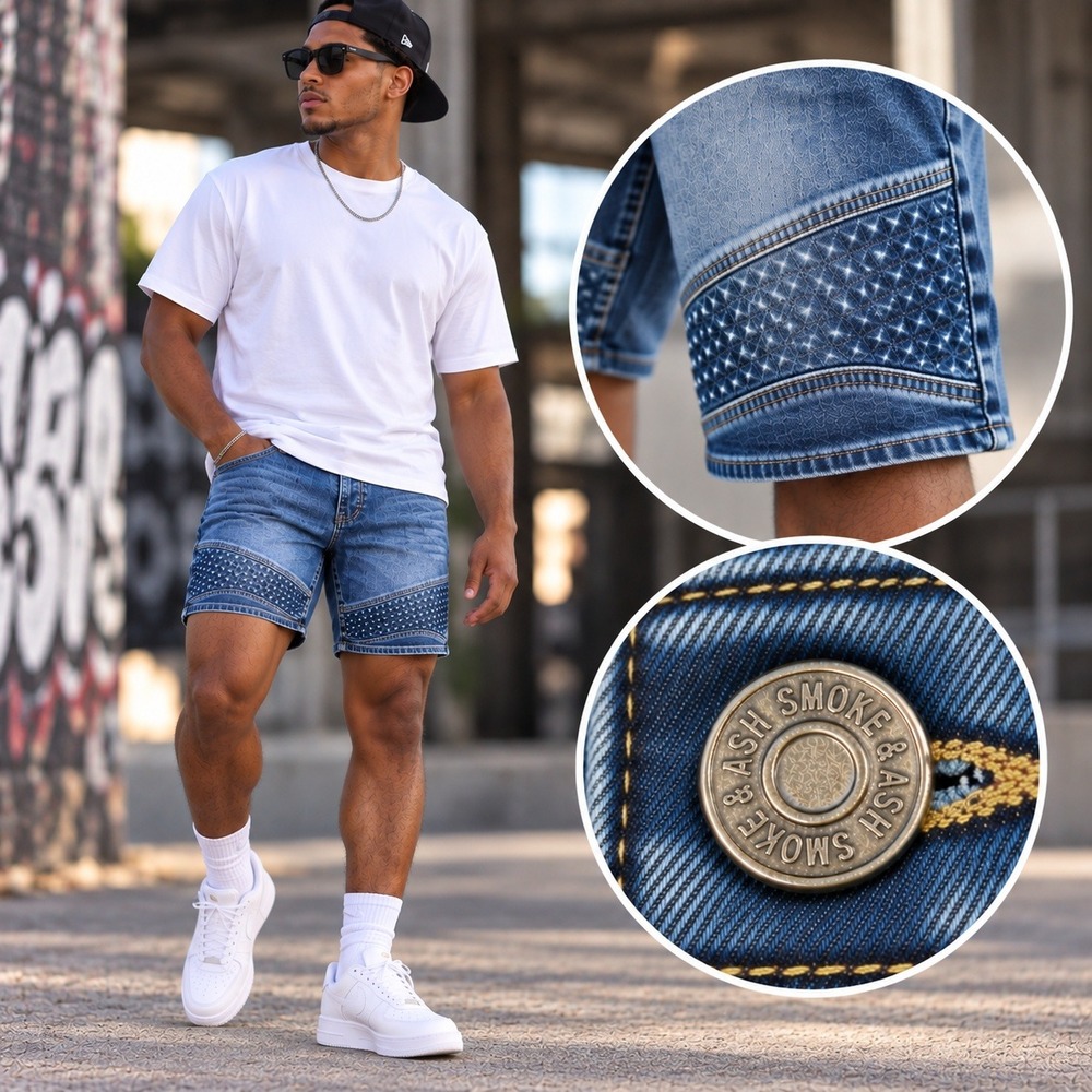 Smoke & Ash Mens 32 Denim Shorts Blue Moto Quilted Biker Y2K Streetwear Jorts